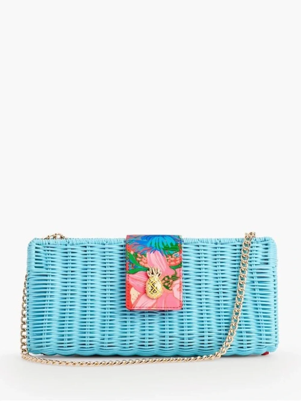 Talbots Turquoise Woven Clutch with Floral Pineapple Tab
